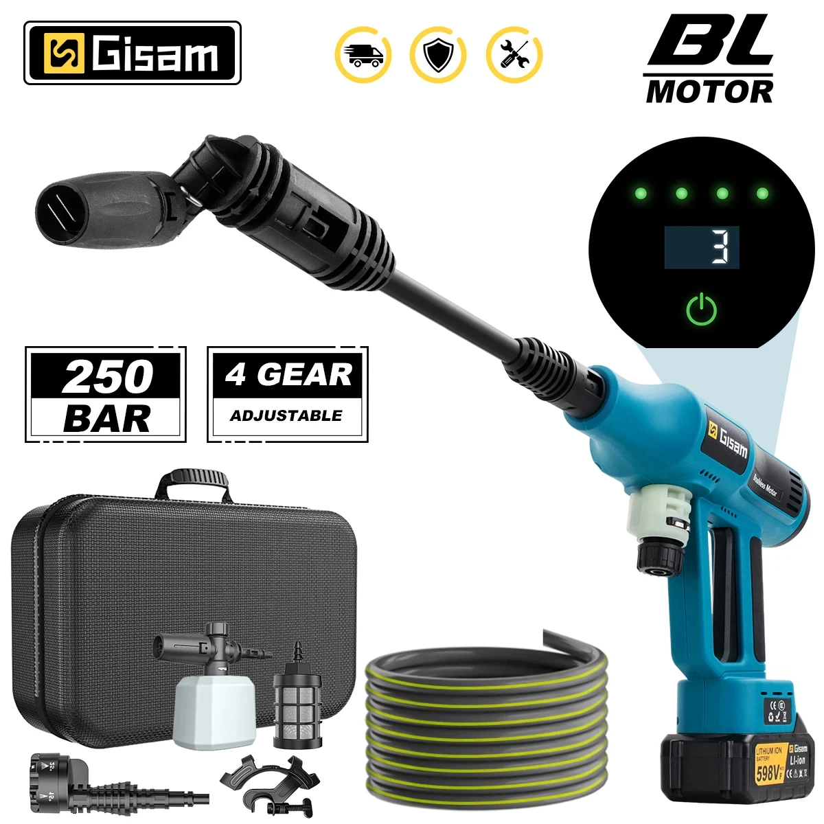 G Nadal 250 Bar bürstenlose Hochdruck-Autowaschpistole 6in1 elektrische Gartenwasch-Wasserwaschspritzpistole für Makita 18 V Batterie-Pin Image