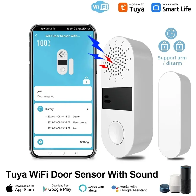 Tuya WLAN Tür- und Fenstersensor mit Ton- und Lichtalarm, Drahtloser Magnetischer Diebstahlschutz für Smart Home Sicherheit mit Sprachsteuerung Image