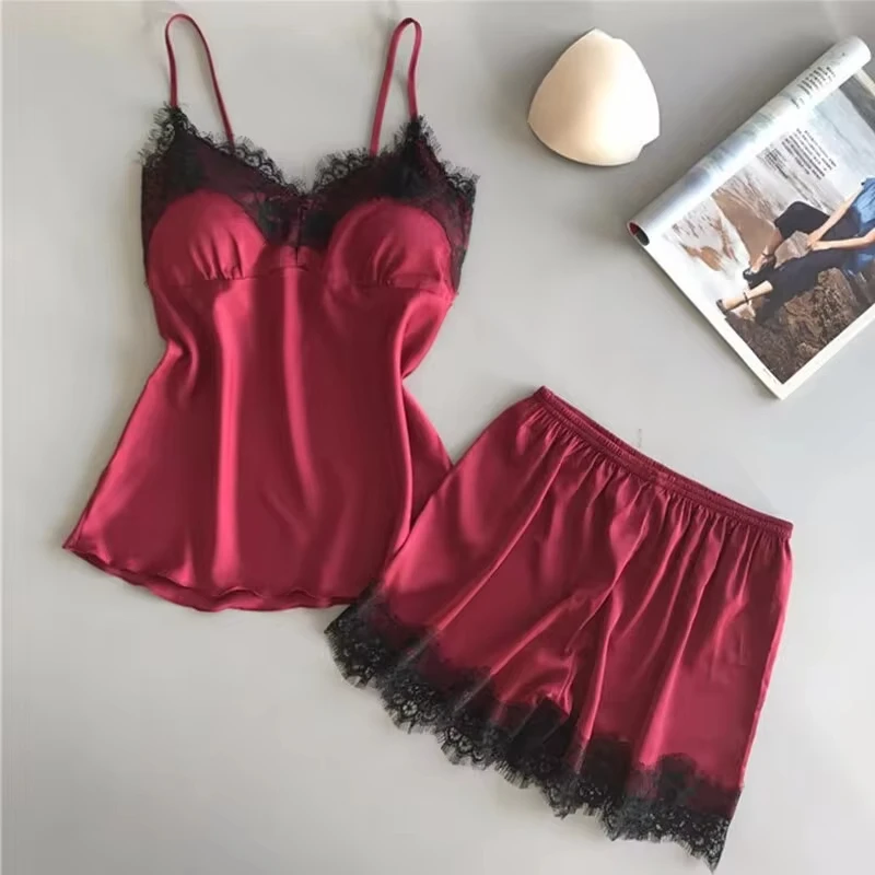 Frauen Pyjama Anzug Mode V-ausschnitt Stretch Satin Babydoll Spitze Sexy Dessous Bowknot Pyjamas Schlaf Shorts Set Nachtwäsche Neue Image