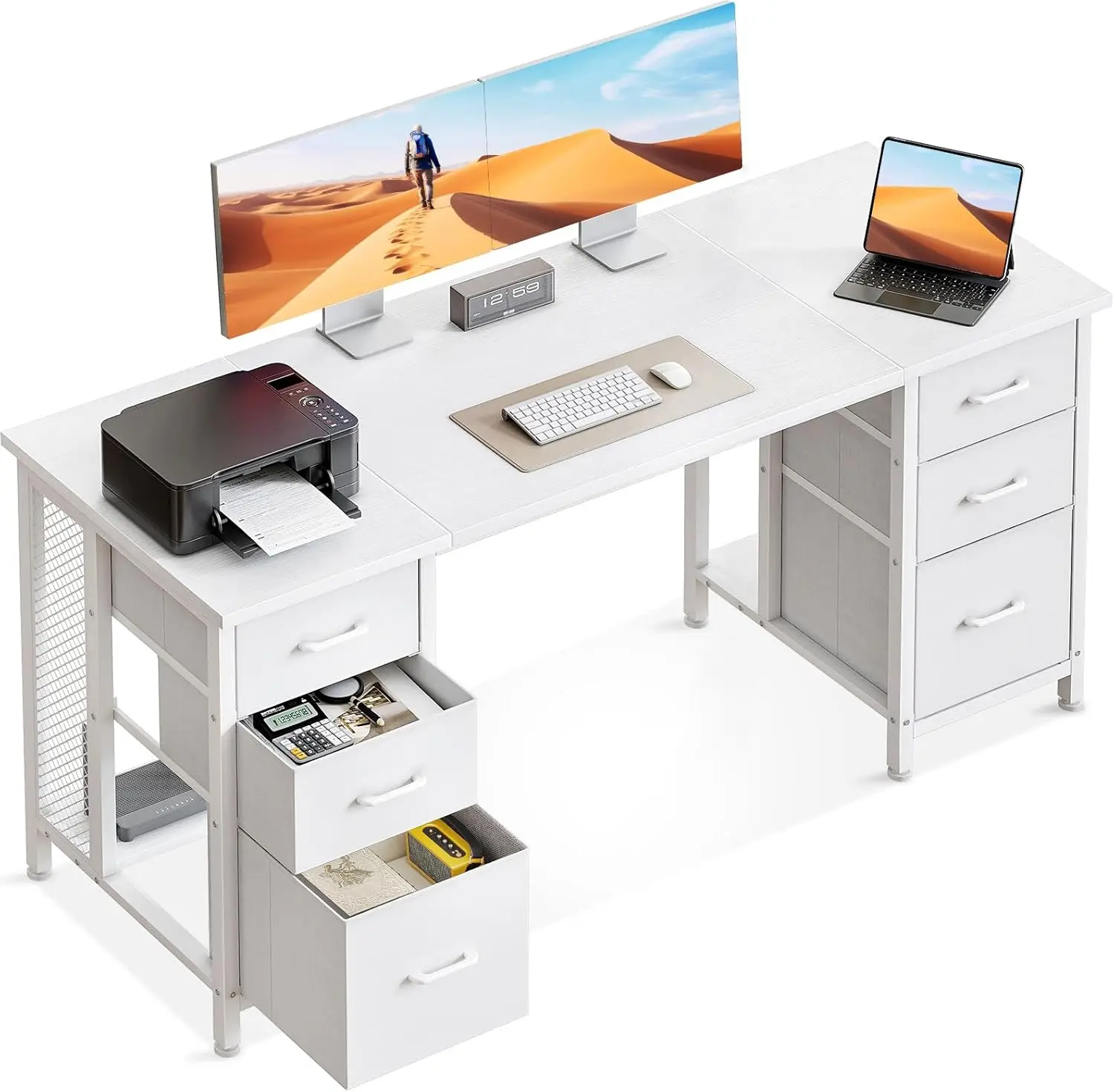 Coleshome Schreibtisch mit 6 Schubladen, 160x52 cm Computertisch mit Ablageflächen, Schreibtisch Weiß für Home Office Image