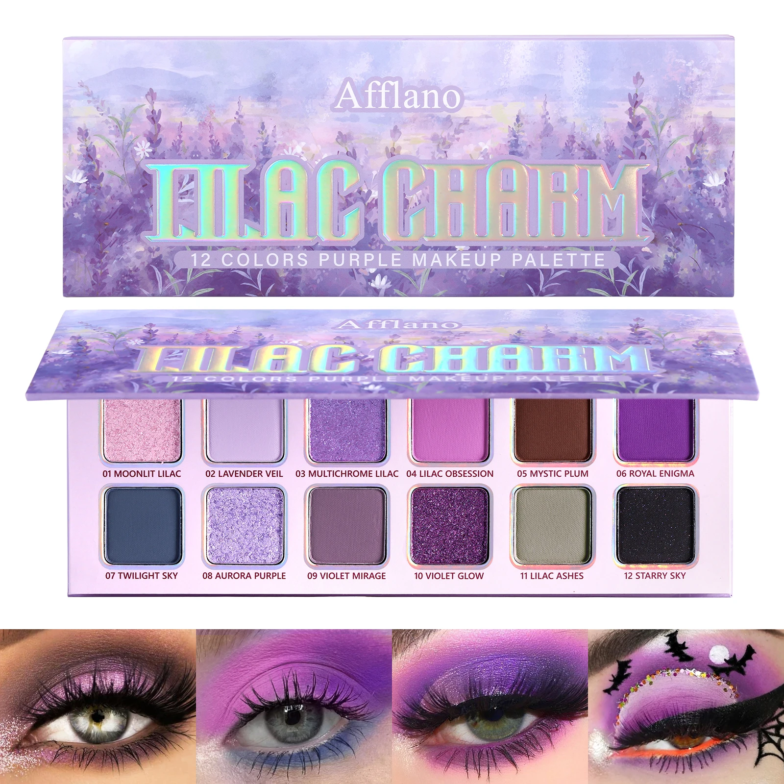 Afflano 12 Farben Lidschatten-Palette Matt Schimmernd Lavendel Lila Smoky Goth Halloween Hochpigmentiert Langanhaltend Augen-Make-up Image