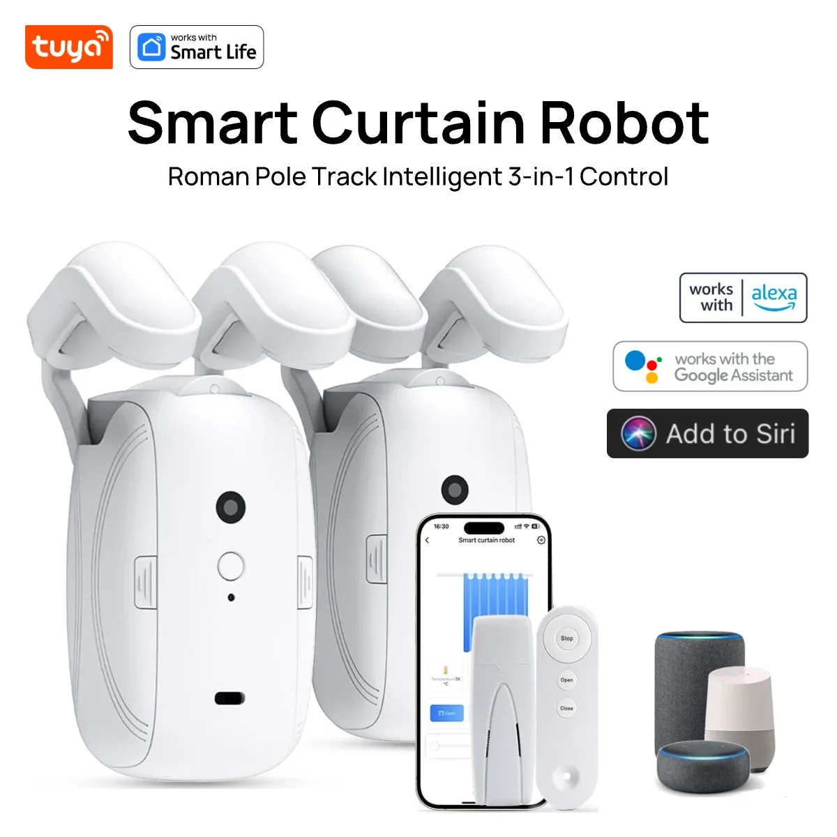 Tuya Smart Curtain Robot, intelligente 3-in-1-Steuerung Tuya App/Fernbedienung/Sprachsteuerung (Alexa Google Siri) für Roman Rod Track Image