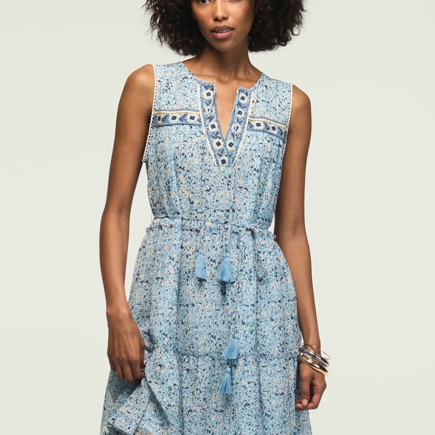 Lucky Brand Printed Embroidered Yoke Mini Dress - Women's Clothing Dresses Mini Dress in Blue Floral, Size S