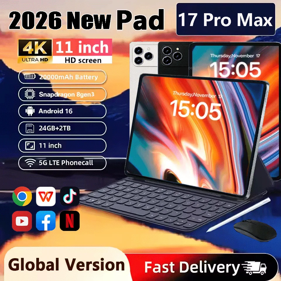 Tablet Android 2026 Pad 17 Pro Max 11 pollici 20000mAh 22GB+2TB 8gen3 Android 16 4K HD WIFI Chiamate Edizione Globale Originale Nuovo SIM PC