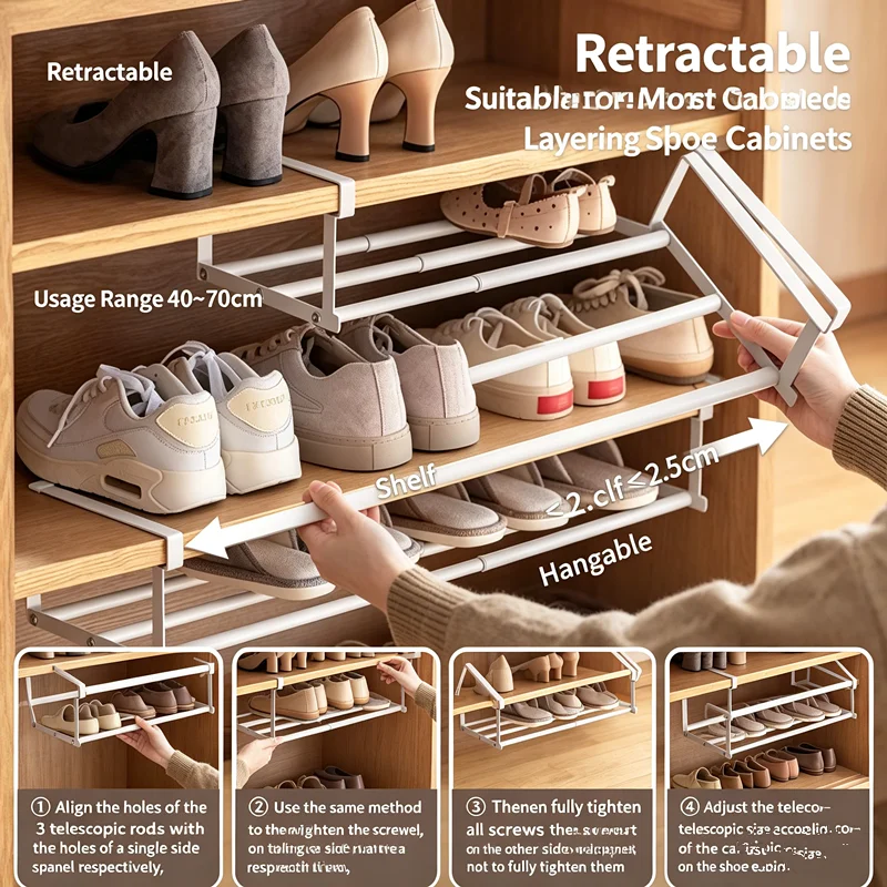 Extendable shoe rack, household shoe cabinet, layered shelf storage rack, kitchen and bathroom shoe cabinet organizer