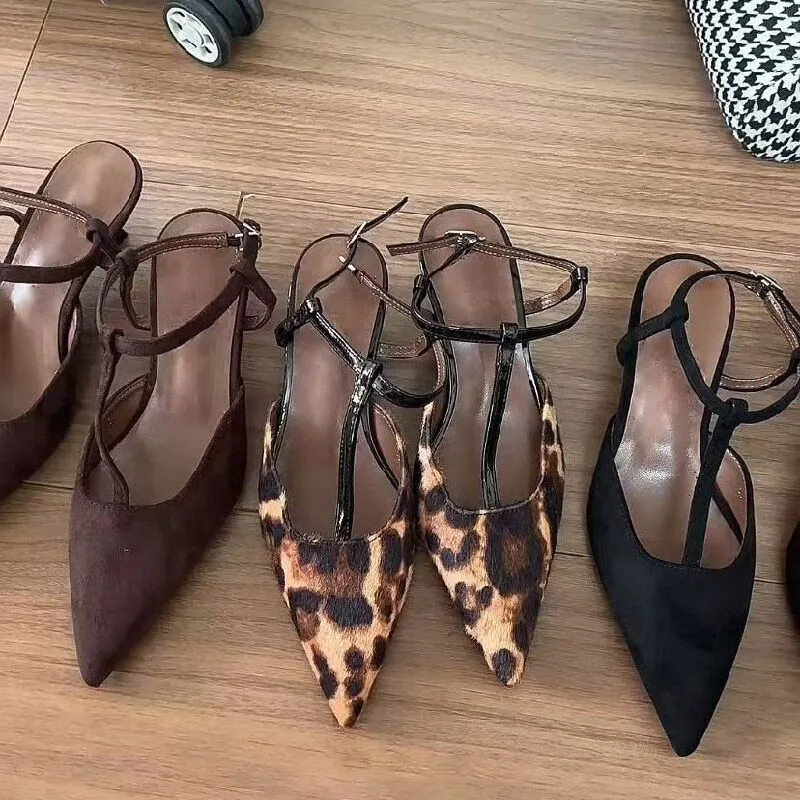 Women's Pointed Toe Slingback Heels T-Strap Kitten Heel Sandals Fashion Elegant Office Dress Shoes Suede Leopard Print Mules