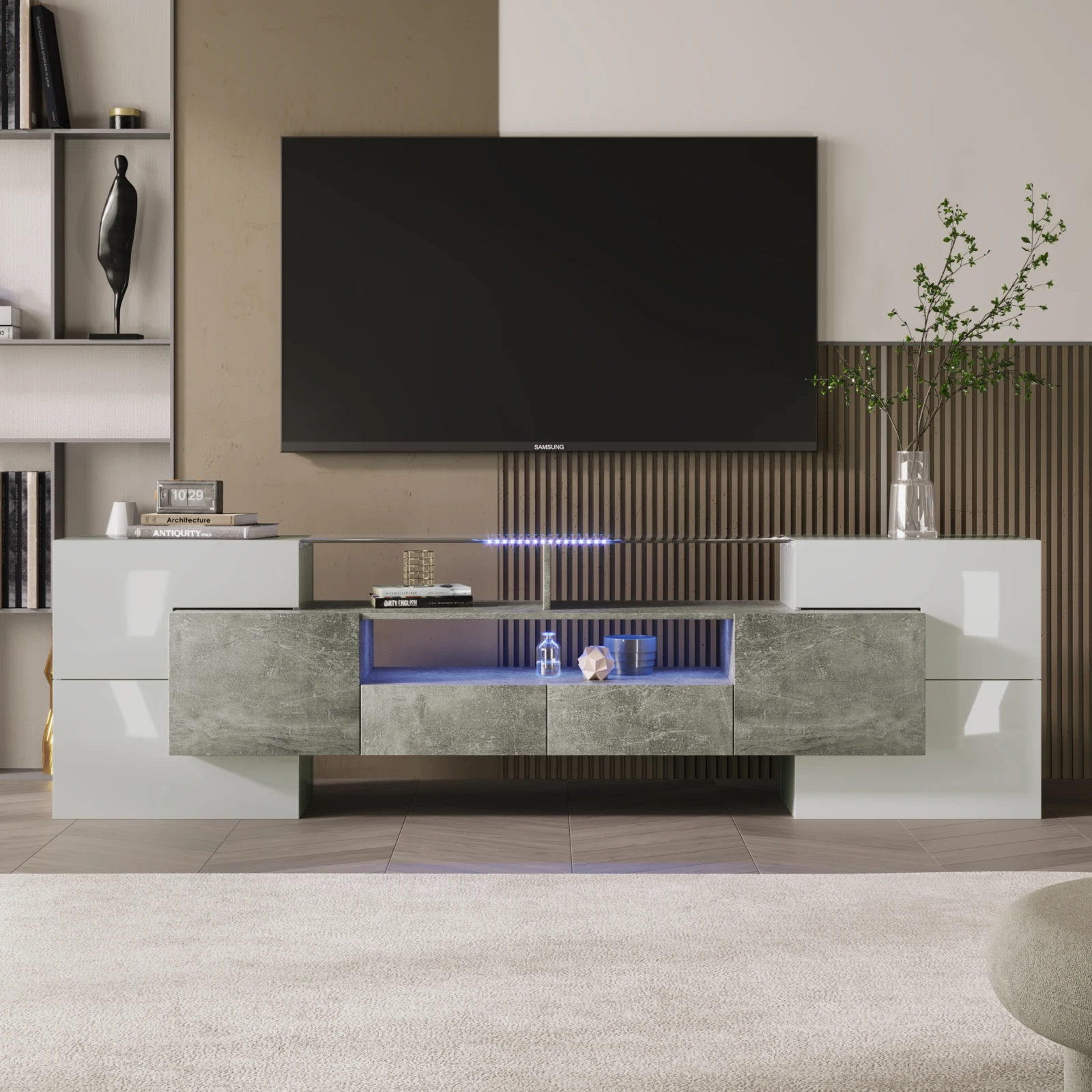 Meuble TV Superaly 200 cm, meuble bas, finition brillante, éclairage LED, meuble de salon, design moderne, surface en verre élégante