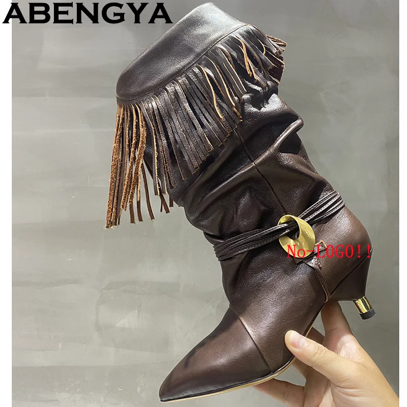 Größe 35-42 Damen Kuh Wildleder Spitze Zehen Quaste Stiefeletten Frau Kitten Heel Sexy Heels Stiefel Herbst Winter Kleid Schuhe