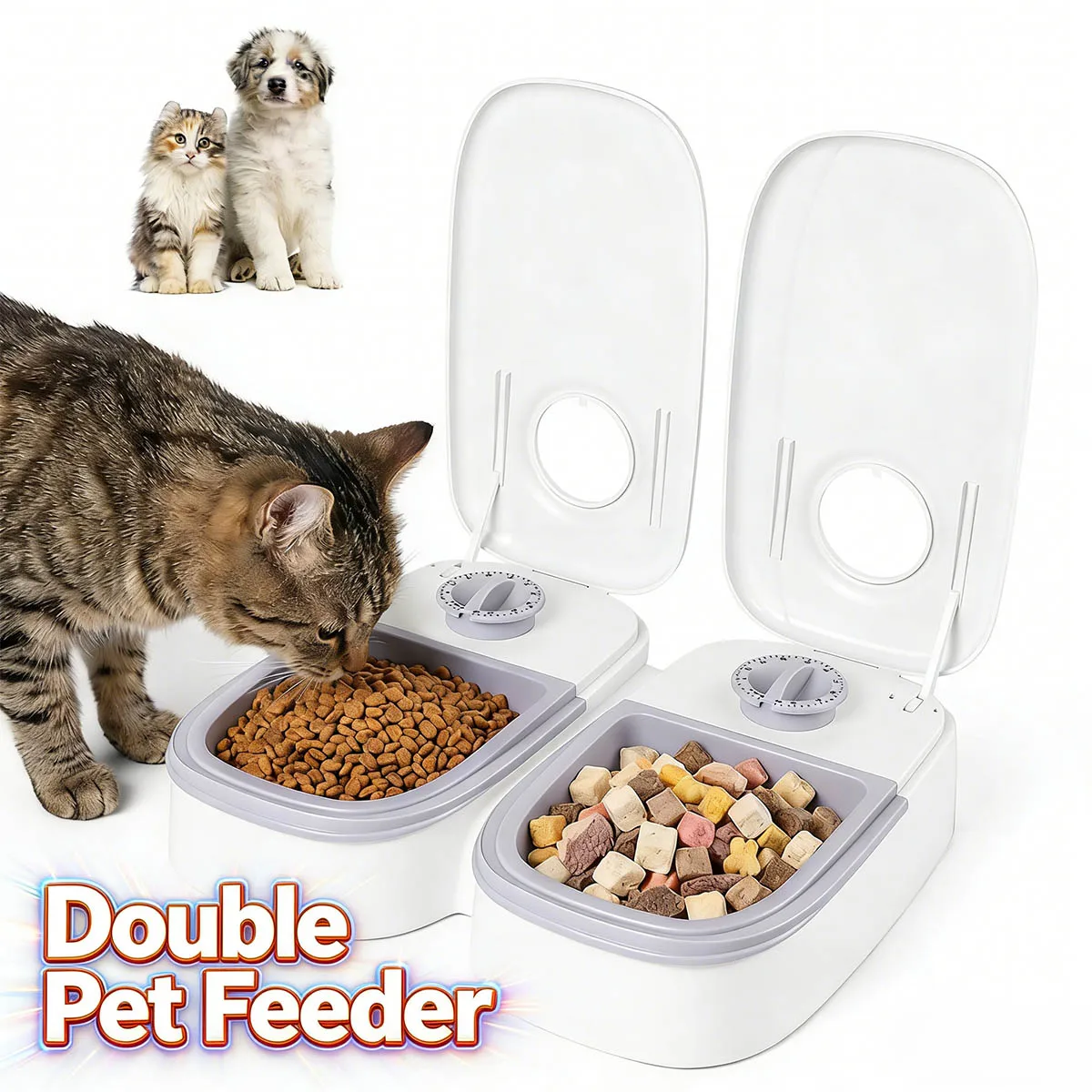 Distributeur automatique de nourriture pour chat avec minuterie 48H, distributeur automatique de nourriture pour animaux de compagnie à double repas avec 2 distributeurs de nourriture sèche et humide