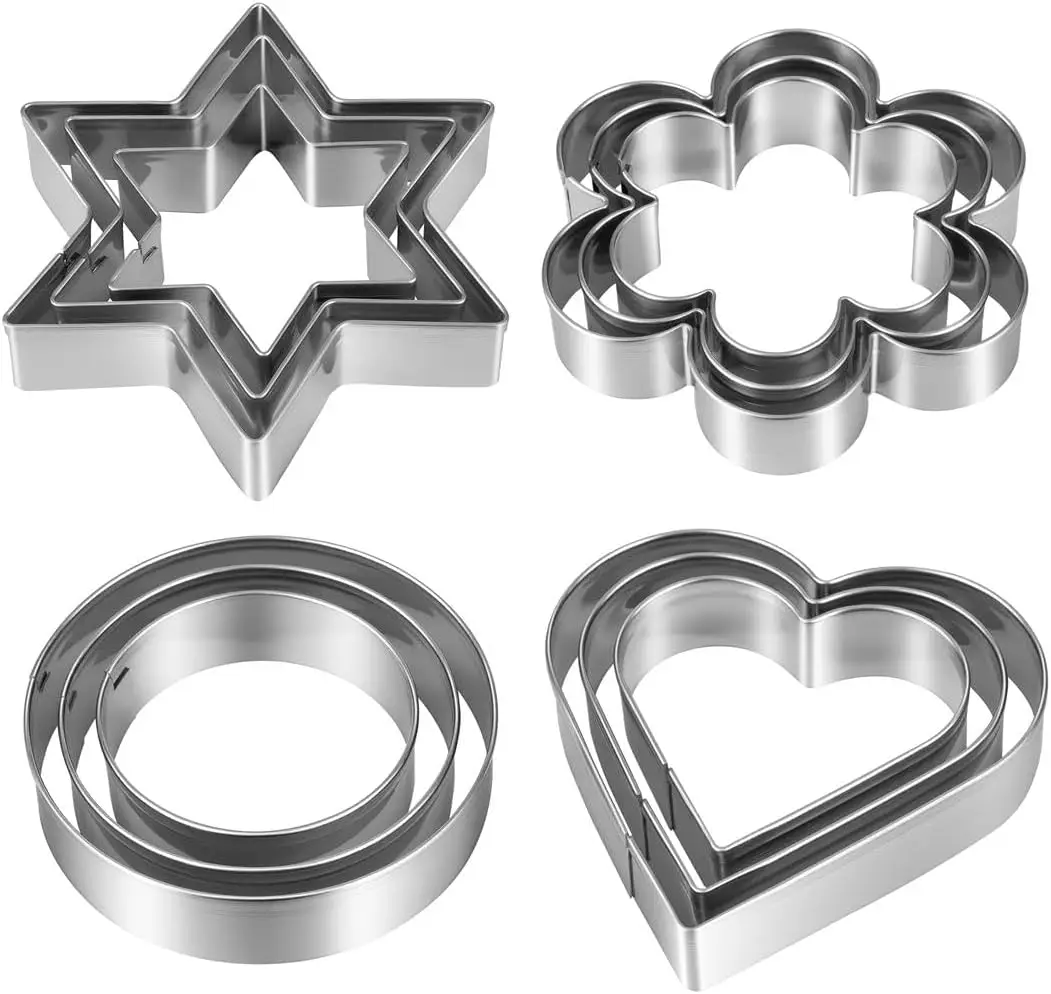 12 Stück/Set Ausstechformen aus Edelstahl, 3 Herz, 3 Sterne, 3 Blumen und 3 runde Ausstechformen für Weihnachten, Valentinstag Image