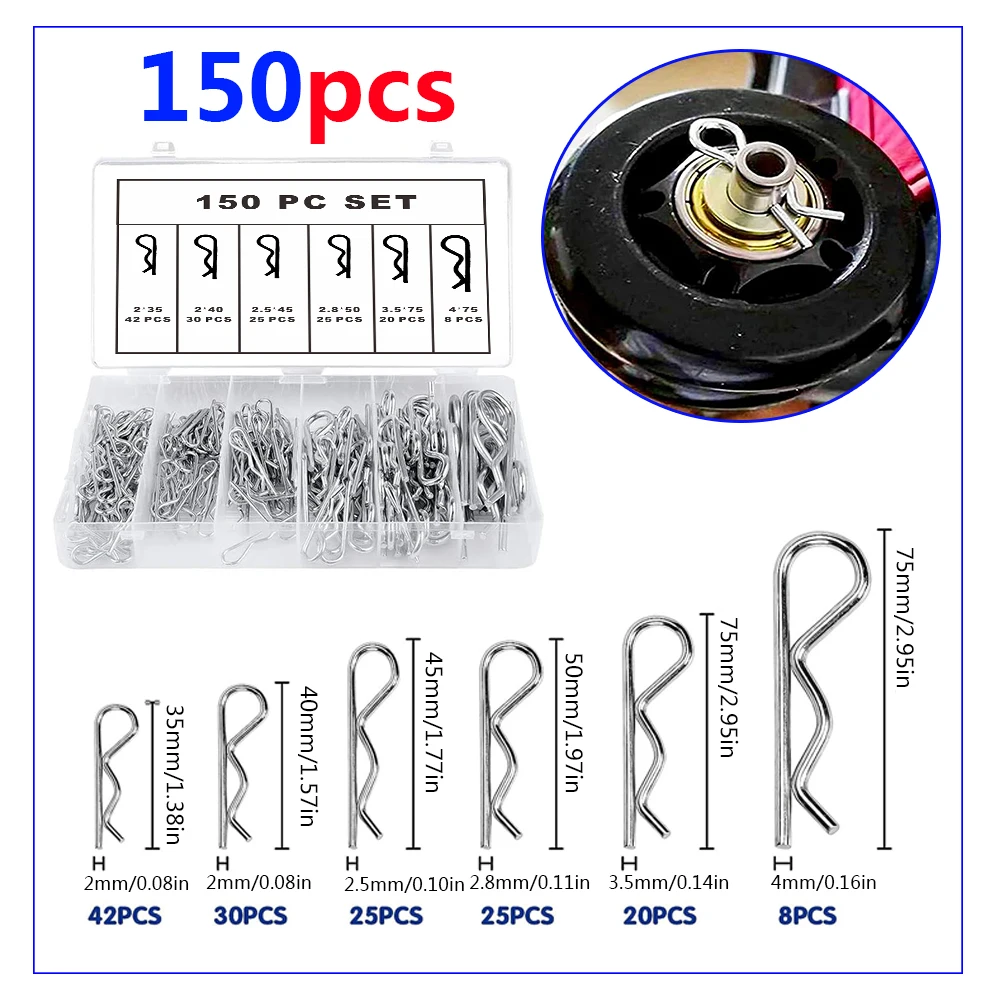 100/150 Stück Splinte, Federverbinder, 2 mm, R-Clips, Schienen-Sortiment, verzinkte Federstifte, Sicherheitsnadel-Set Image