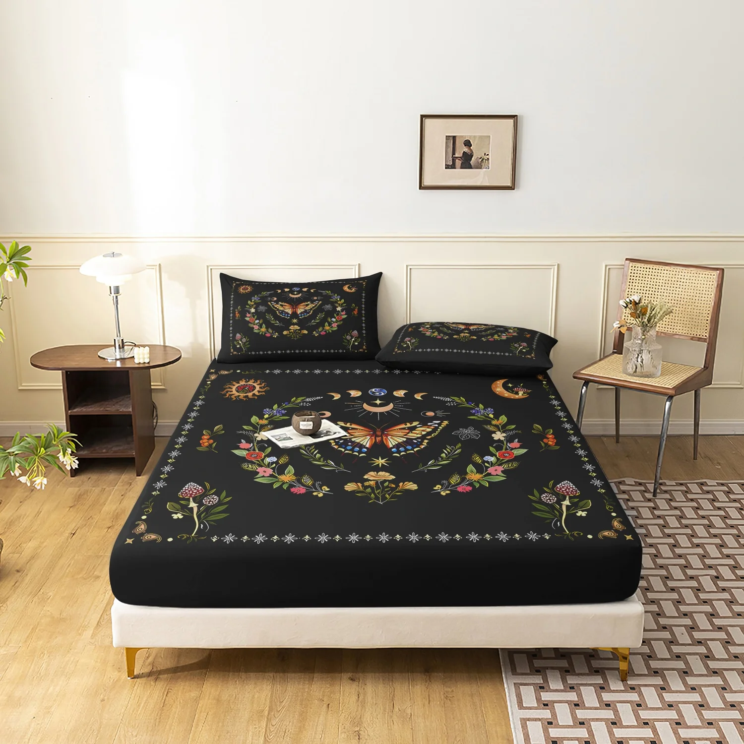 3-teiliges Bettlaken-Set mit himmlischem Mondphasen- und Schmetterlingsdruck, Bohemian-Stil mit Pilzen und Wildblumen, Matratzenschoner für Schlafsäle Image