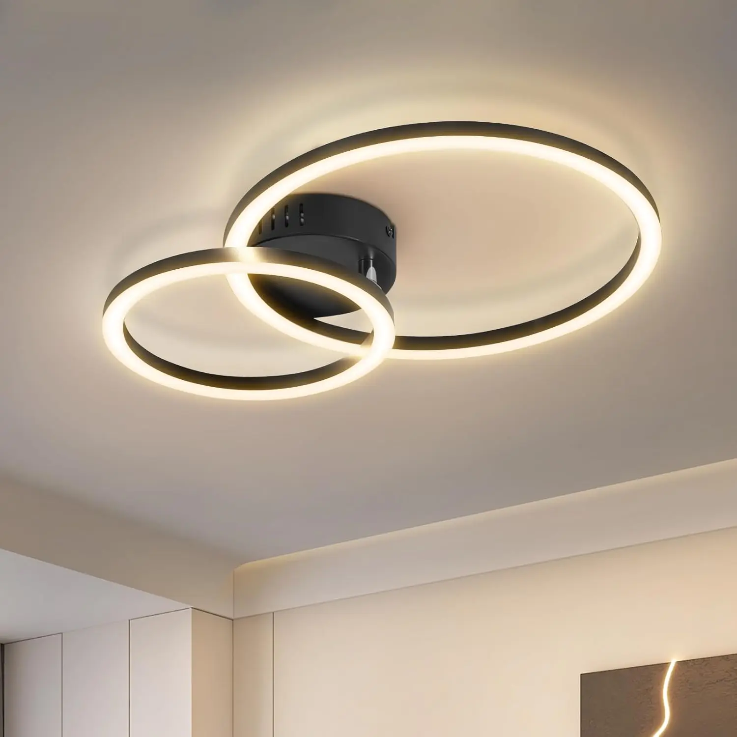 Cliheet LED-Deckenleuchte Schwarz 40cm 23W 3000K 2-Ring-Design, Moderne Aufputzlampe für Wohnzimmer Image