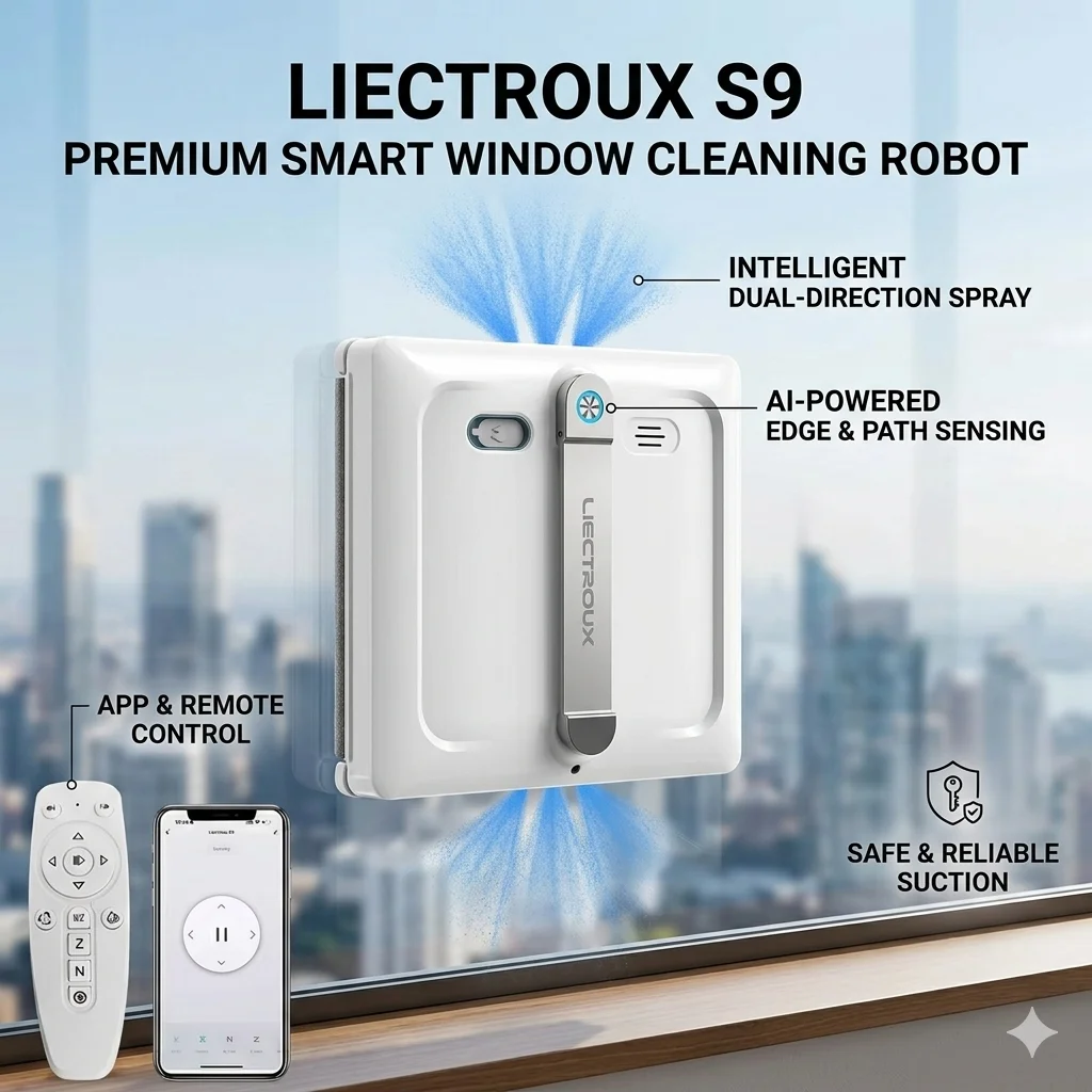 2026 Neuer Liectroux S9 Fensterputzroboter mit 2 Rollbürsten, 6-Wege-Wassersprühfunktion, APP-Steuerung, elektrische Reinigungsbürste, Fensterreiniger für Zuhause und Wände Image