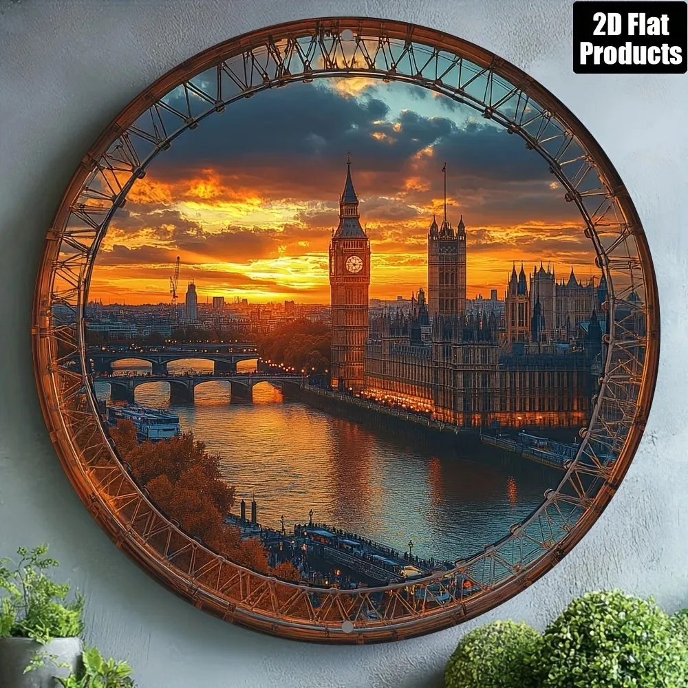 Vintage London Skyline Metall-Blechschild, 8 Zoll rund, Wandkunst, Retro-Pub-Heimdekoration Image