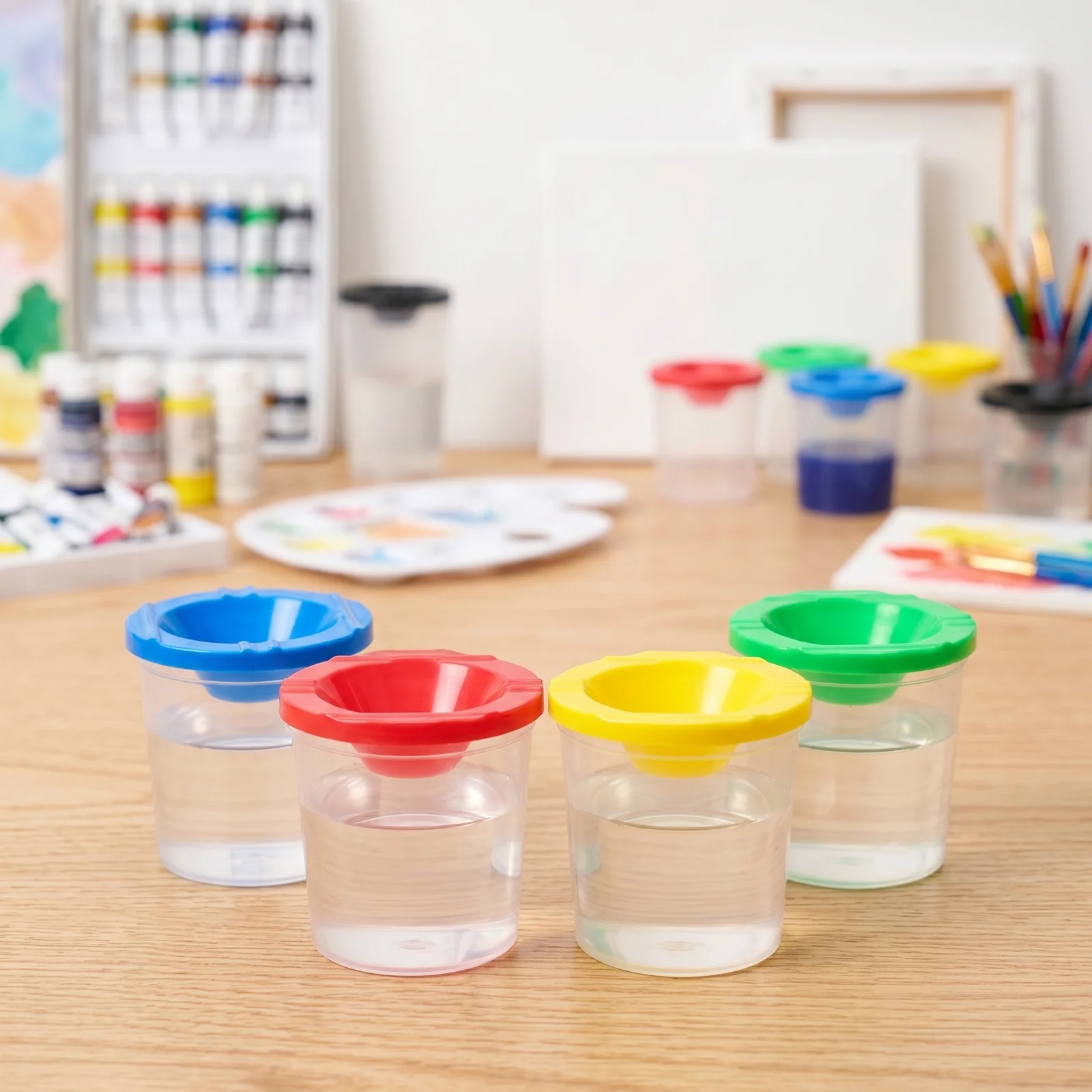4-teiliger Auslaufsicherer Pinselreinigungsbecher, Tragbarer Anti-Verschüttungs-Kunstmalerei-Reinigungsbecher für Studenten, Lehrer und Künstler Image