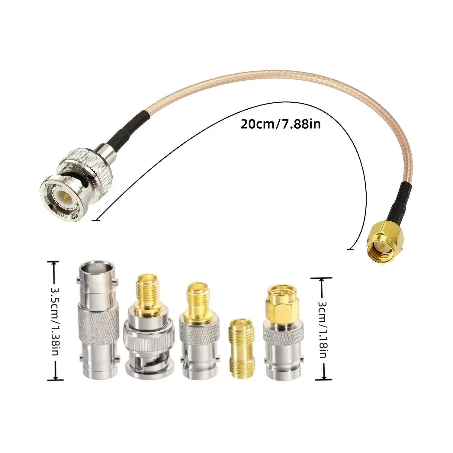 SMA-Stecker auf BNC-Stecker Kabel 20CM + 5 Stück RF-Koax-Adapter-Set SMA zu BNC Kabel SMA BNC Adapter-Kabel-Set für RF-Anwendungen/Antennen Image