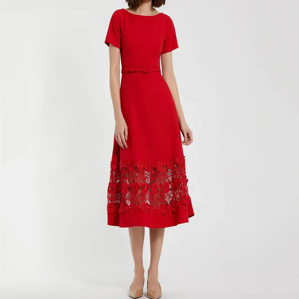 Women's A-line Cocktail Dresses Tea-length Scoop-neck Short Sleeve Prom Gown Fashion Flowers Sashes Draped Customized Gowns