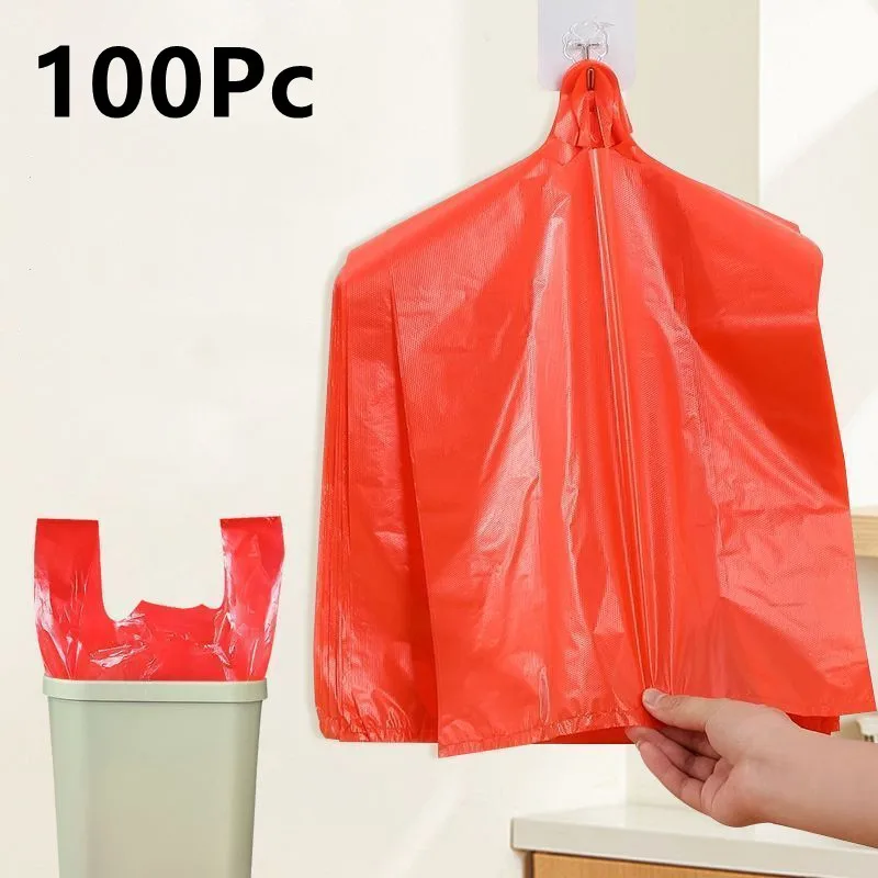 100 Stück Müllbeutel mit Griff, Rote Westentüten aus Plastik für Küche, Wohnzimmer, Müllentsorgung, Einkauf und Takeaway Image