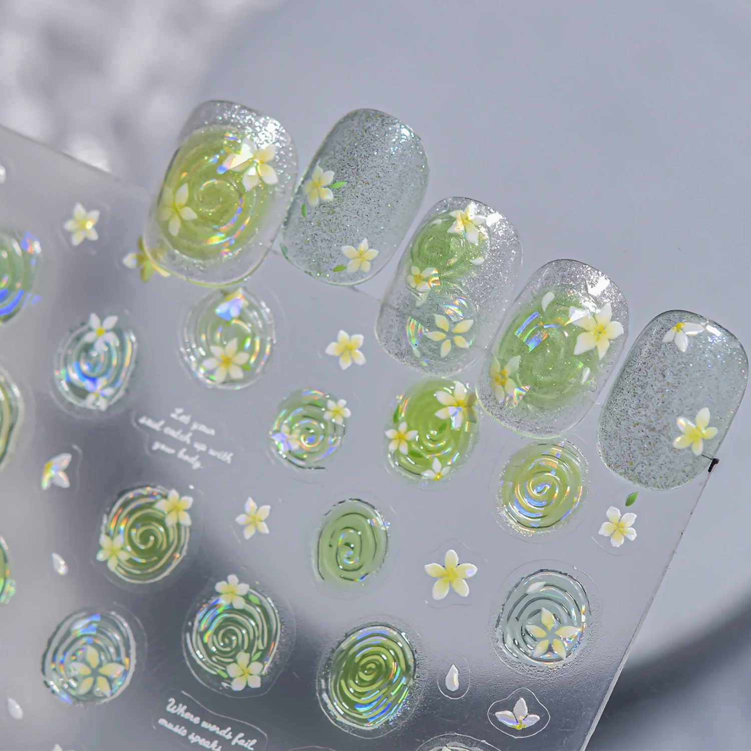 Erfrischende Frühlings-5D-Nagelaufkleber: Limettenblüten, Jasminblüten, Wasserwellen, Blasen, Sterne – Frischer grüner Stil Nagelsticker für DIY-Maniküre Image