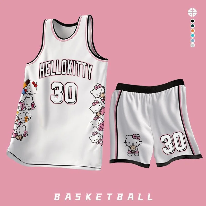 Sanrio American Basketball Style Hello Kitty ärmelloses T-Shirt-Set für Erwachsene und Kinder, 3D-gedrucktes Tanktop + Shorts, zweiteiliges Set Image
