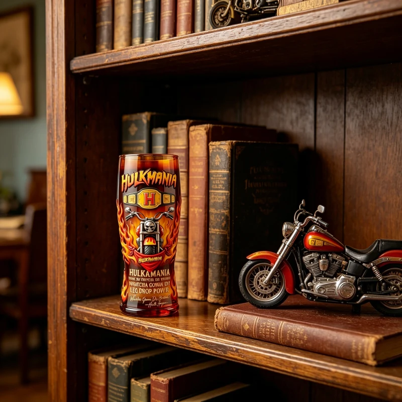 Hulk Hogan Hulkamania Bierglas, Sammlerstück für Wrestling-Fans, Pint-Glas mit Motorrad- und Flammen-Design Image