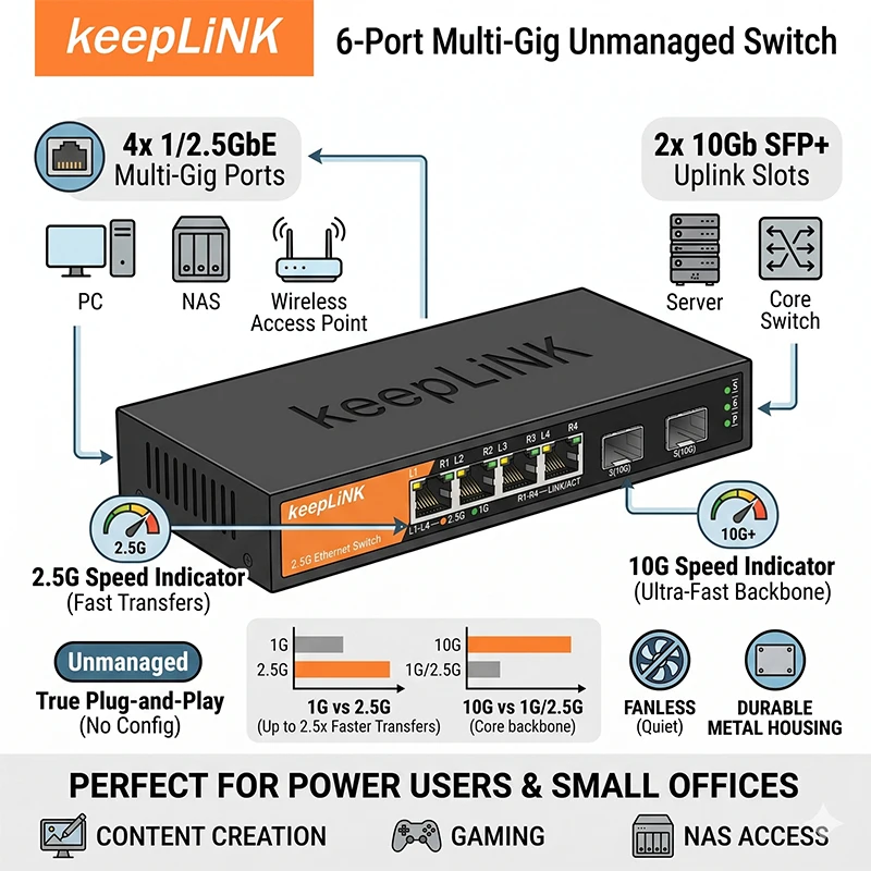 keepLiNK 6-Port Multi-Gig Unmanaged Switch, 4x 1/2.5GbE RJ45 + 2x 10Gb SFP+ Uplink, geräuschlos, lüfterlos, Metallgehäuse Image