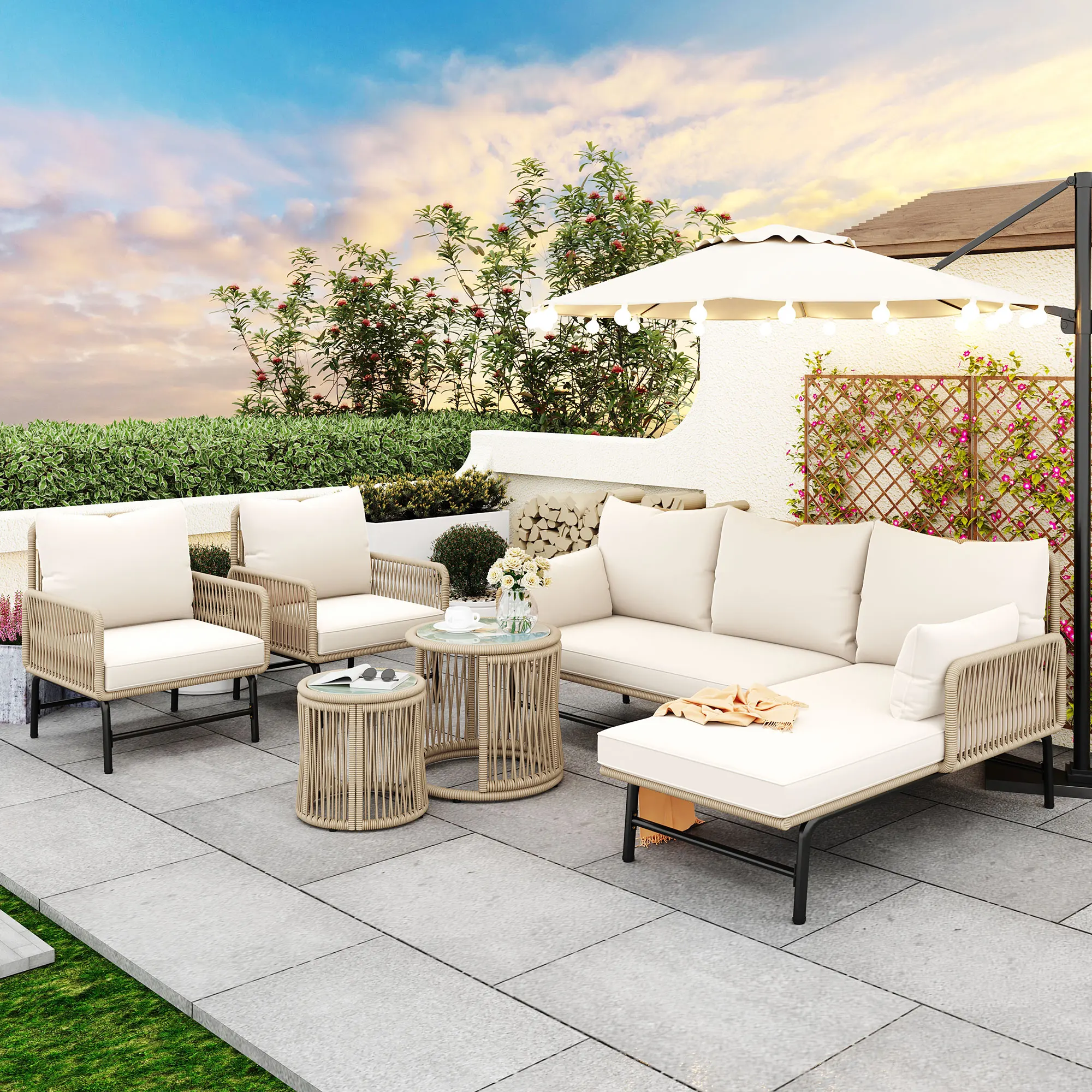 Garten-Lounge-Set, Gartenmöbel-Set, mit Eisenrahmen und beigem Seil, geflochtenes Seil-Gartenmöbel-Set, Beige, zwei Sessel
