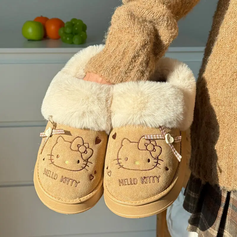 Cartoon Sanrio Hello Kitty Plüsch-Baumwoll-Hausschuhe mit dicker Sohle, Anime-Damen-Winter-Warme, neue, rutschfeste, verschleißfeste Hausschuhe