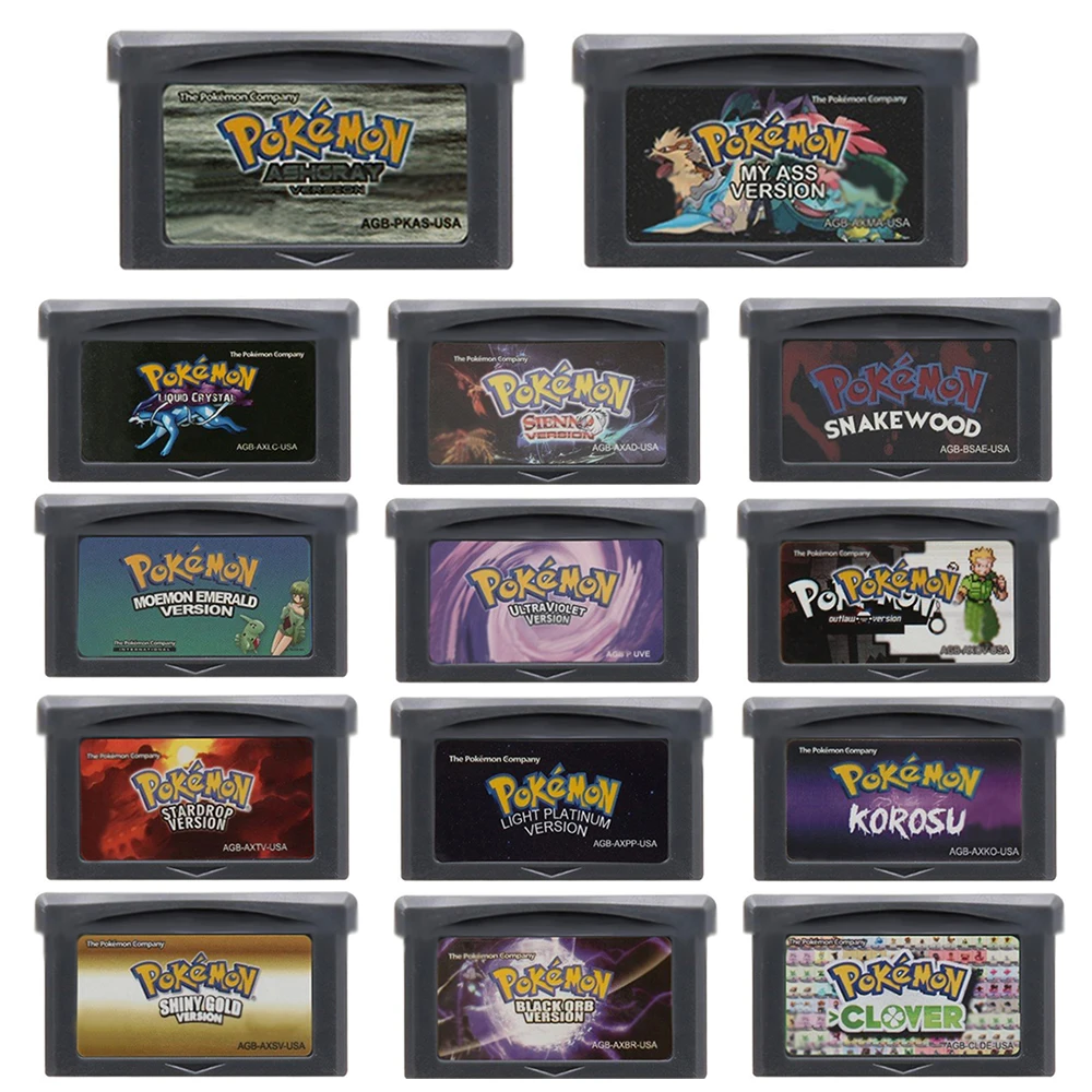 Pokemon GBA Game Cartridge 32 Bit Video Game Console Cards Series My Ass Liquid Crystal Ashgray Moemon Emerald Snakewood for GBA