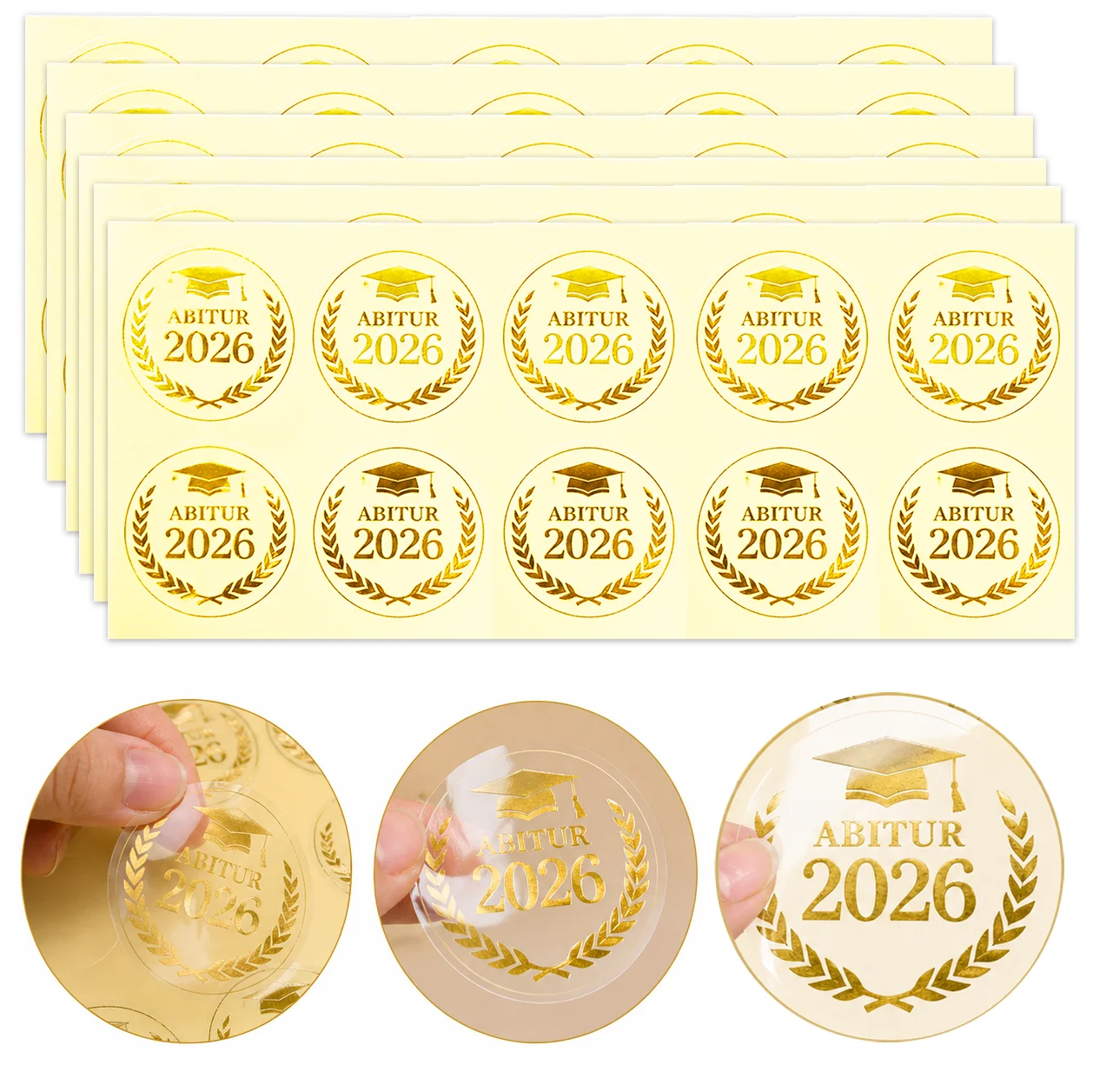 Abschlussfeier 2026 Aufkleber Transparente Goldfolie | Goldene Abschlussaufkleber mit Diplomen und Abschlussringen | Einladungen Image