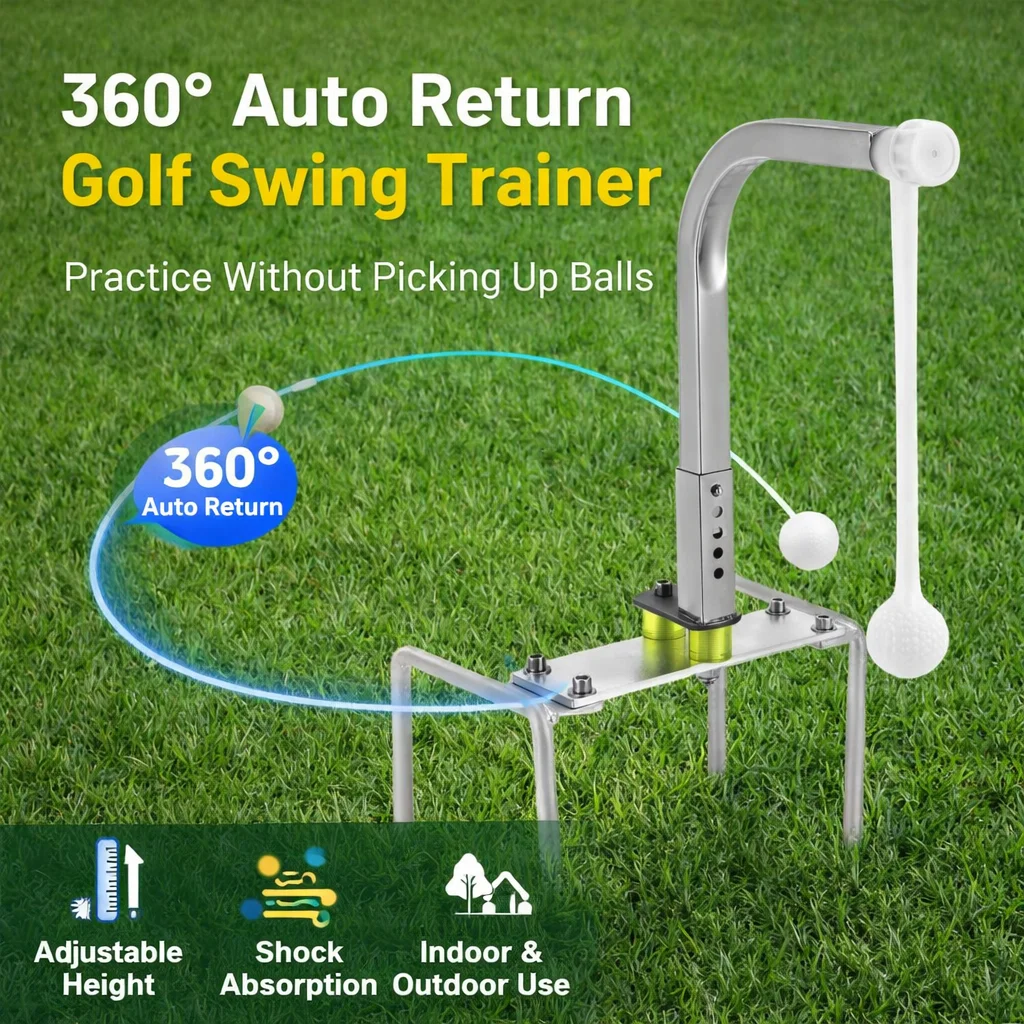 Golf-Schwungtrainer mit 360°-Funktion ° Automatisch Rückfahrendes Golf-Trainingsgerät mit Verstellbarer Höhe für Indoor- und Outdoor-Übungen Image
