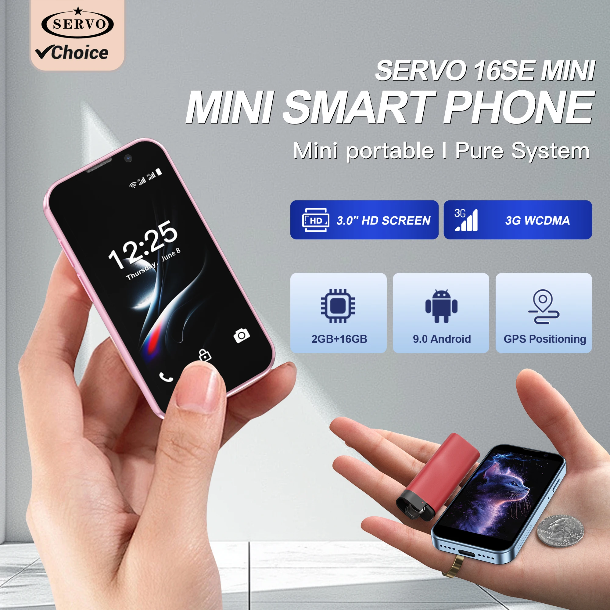 SERVO 3G Super Mini Smartphone Android 9.0 OS 2GB+16GB Face unlock Play Store WiFi Hotspot 2 SIM Standby 3.0