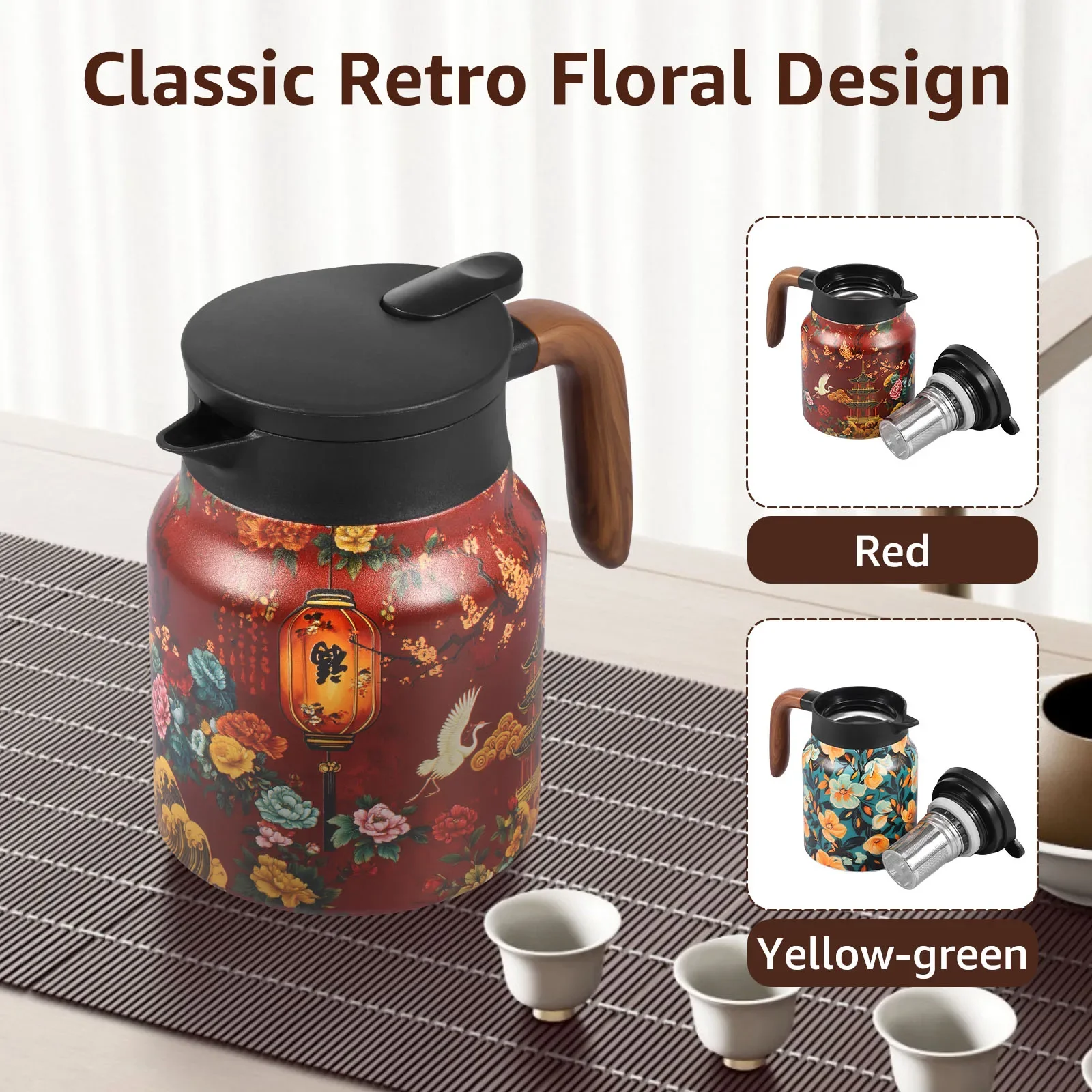 Vintage-Teekanne mit Blumenmuster, 33,82 oz, vakuumisolierte Edelstahl-Thermoteekanne mit herausnehmbarem Sieb und Holzgriff für Image