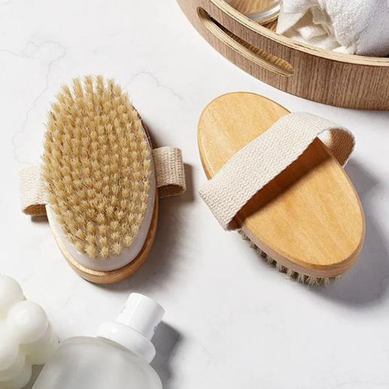 Körperbürste für nasse und trockene Haut, natürliche Schweineborsten, Peeling für trockene Haut, Körpermassage, Reinigung, SPA-Werkzeug für Cellulite, Lymphdrainage Image