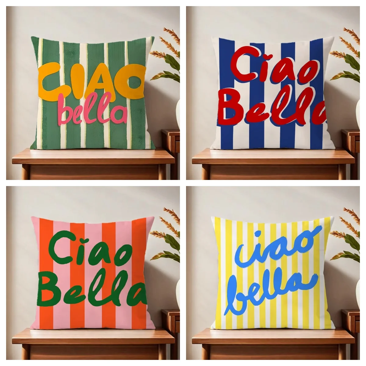 1 Stück Ciao Bella Kissenbezug mit italienischem Zitat, 2D-doppelseitiger Druck, weicher Polyester-Kissenbezug für Zuhause, Sofa, Schlafzimmer, Auto, Dekoration Image