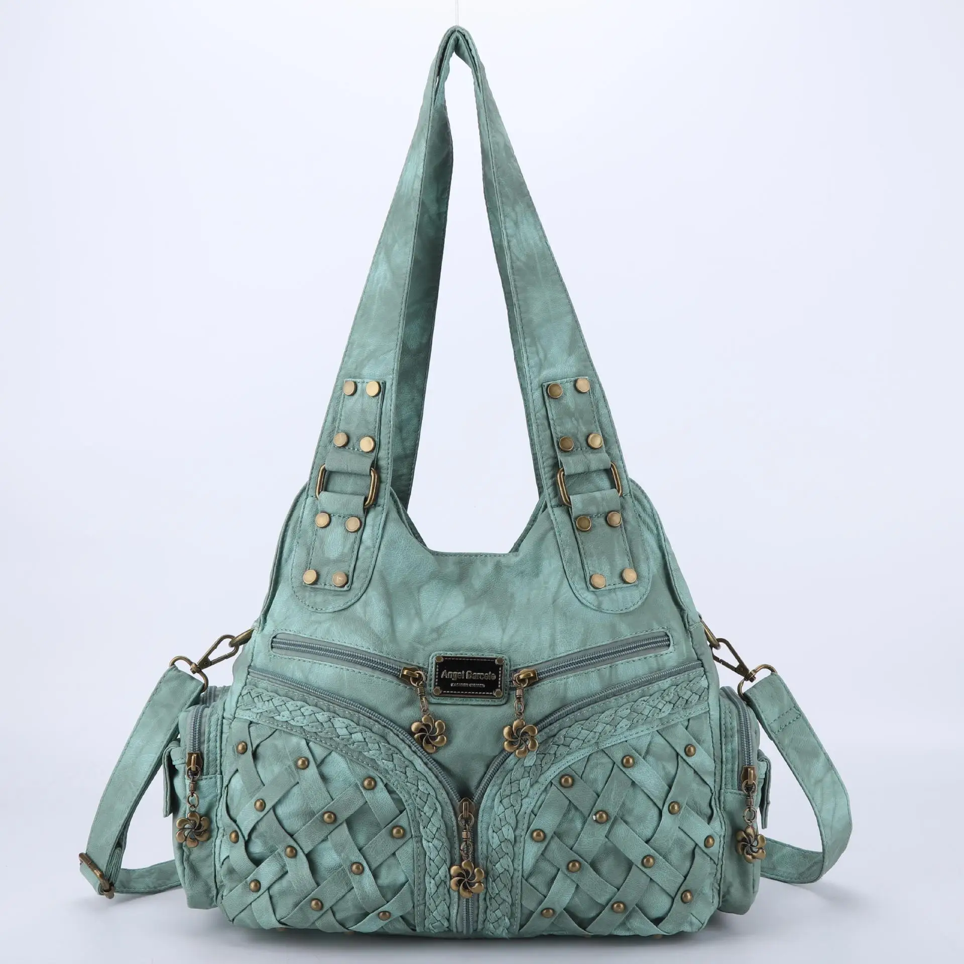 Damen Casual PU-Leder Schultertasche Modische Batik-Handtasche mit Nieten-Detail Crossbody Umhängetasche Große Kapazität Shopper