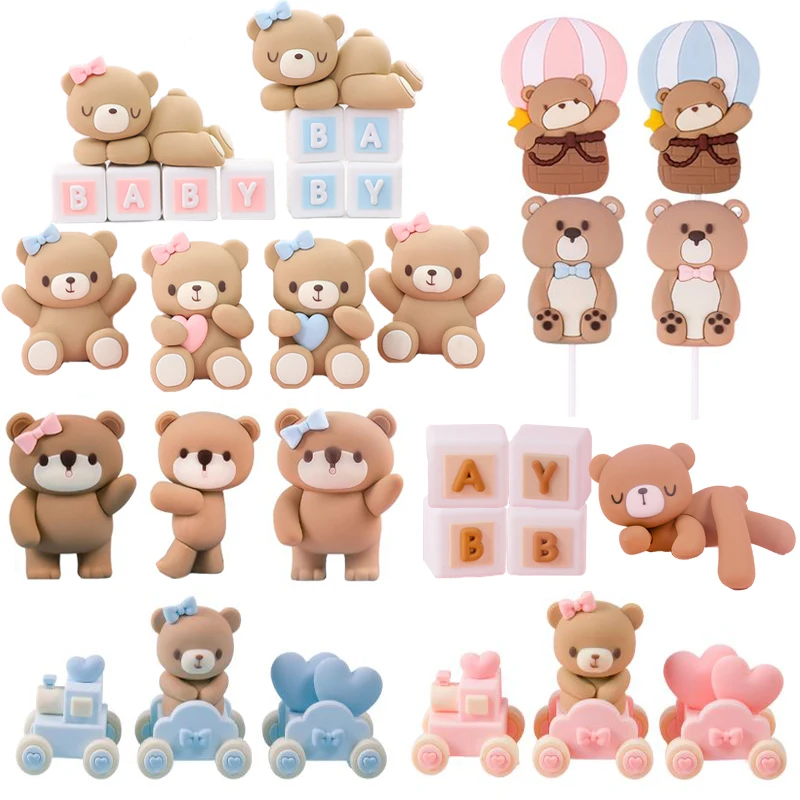 Orso Cake Toppers rosa blu Orso Statua Bambola Ragazzo Ragazza Happy One 1st Compleanno Decorazione Torta Baby Shower Orso Decorazioni per feste a tema