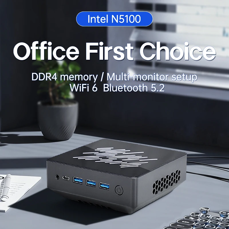 The most affordable Small Mini PC Intel Celeron N5100 2xHD2.0 Type-c RJ45 LAN Dual DDR4 WIFI6 BT5.2 Pocket Desktop Computer
