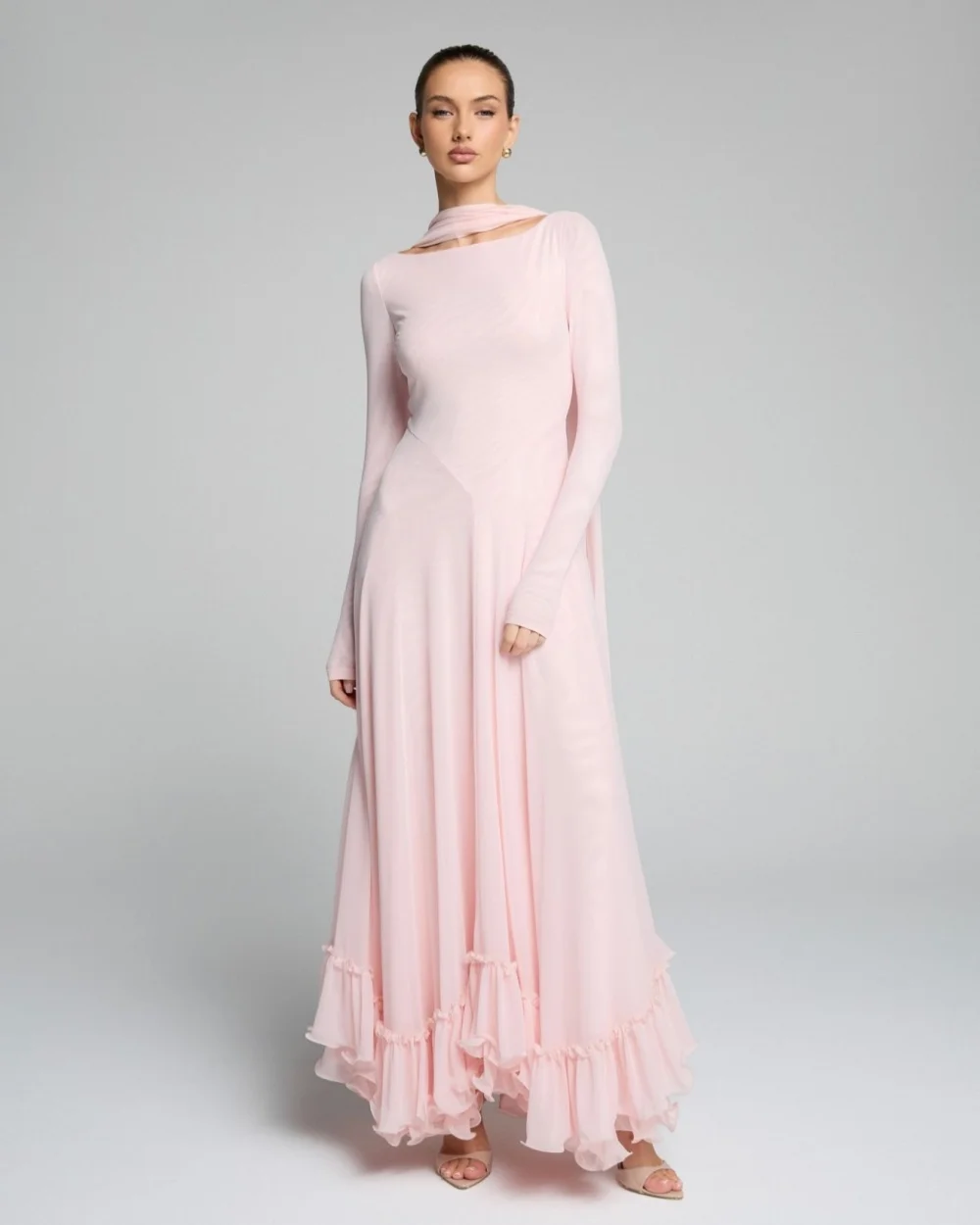 Maßgeschneiderte schlichte Damen-Abendkleider aus Chiffon mit Rüschen und Falten, A-Linie, hochwertige Ballkleider mit O-Ausschnitt und langen Ärmeln in Bodenlänge Image