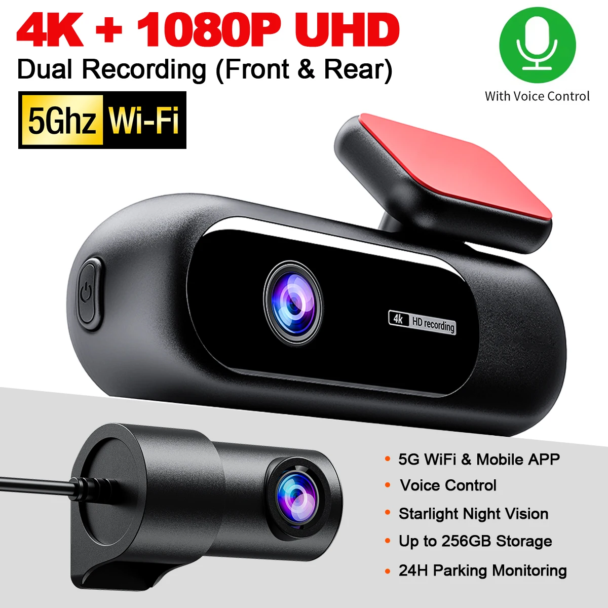 Dash Cam WiFi 4K + 1080P Dual Dash Auto Kamera Black Box DVR sprachsteuerung 24H Parkplatz Monitor HDR Nachtsicht Dash Cam Für Autos Image