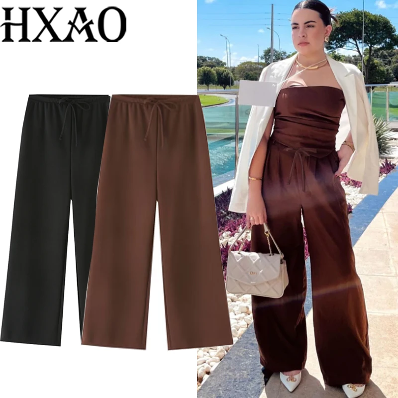 HXAO Pantaloni da donna Pantaloni larghi larghi Donna Estate Set di pantaloni da donna Casual Novità in pantaloni neri Pantaloni fluidi con lacci Pantaloni