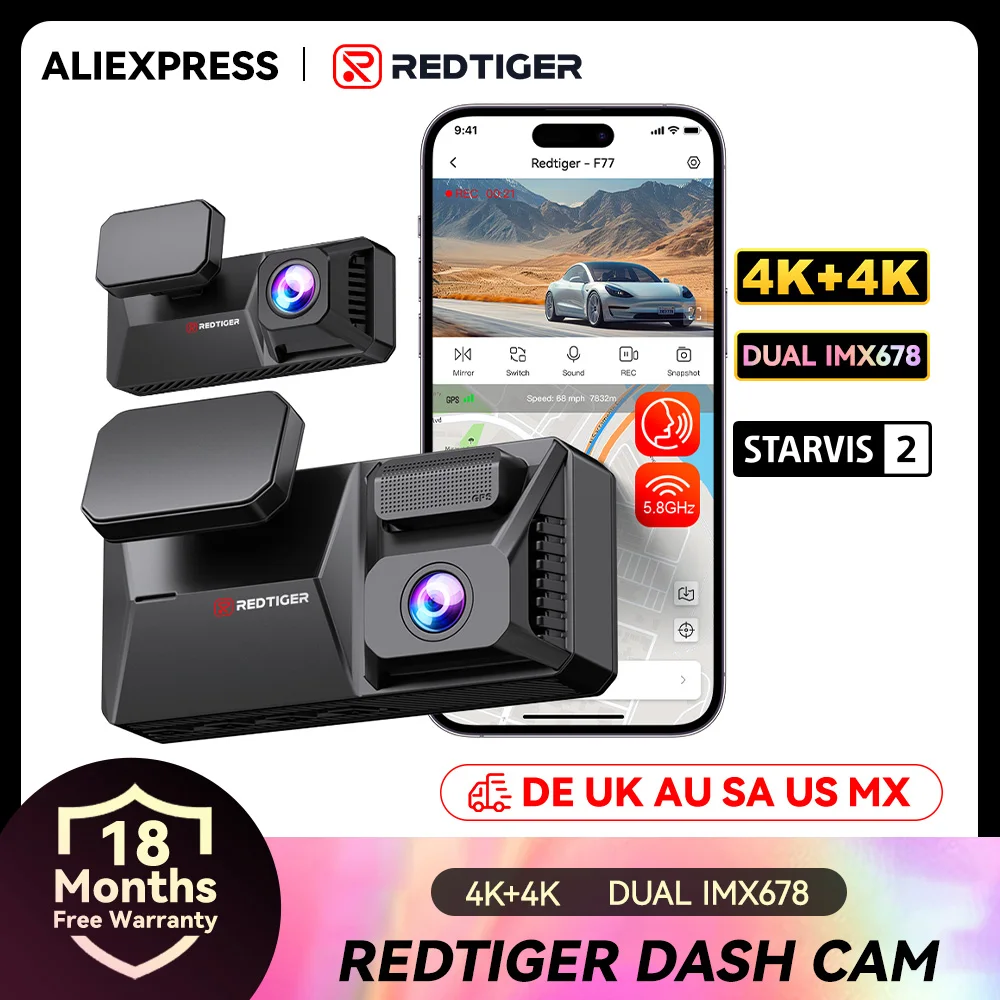 REDTIGER F77 Dashcam Vorne und Hinten 4K+4K Dual-Autokamera STARVIS 2 Nachtsicht Sprachsteuerung Eingebautes 5,8GHz WLAN GPS Image