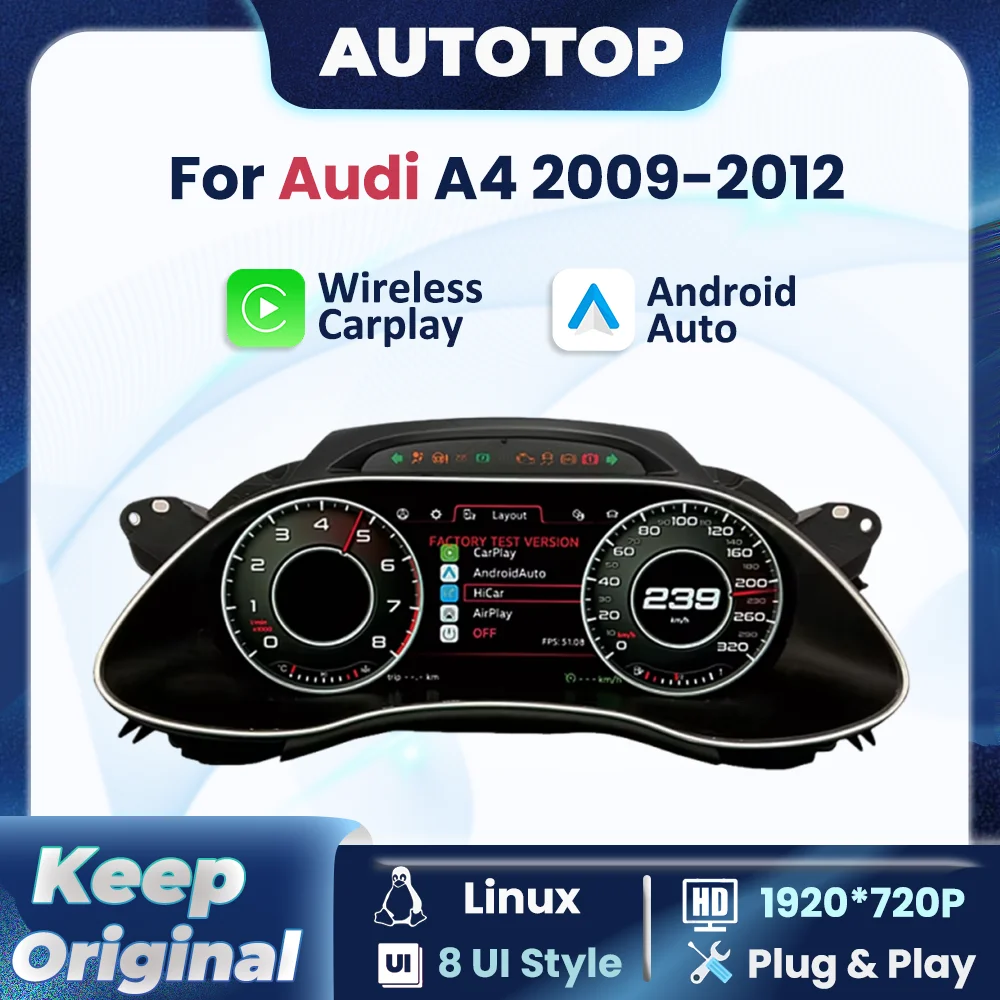 Cruscotto Digitale Linux da 12,3 Pollici con CarPlay Wireless e Android Auto per Audi A4 2009-2012, Pannello Tachimetro, Cockpit Virtuale, Quadro Strumenti