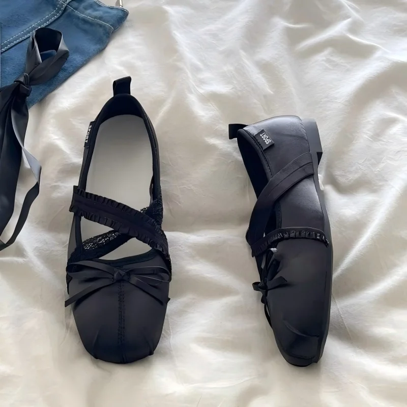 Balletcore Women Flats Bowknot Cross Strap Mary Janes Elegant Lace Ruffles Satin Ballet Shoes Sweet Fairy Office Lady Pumps 2026