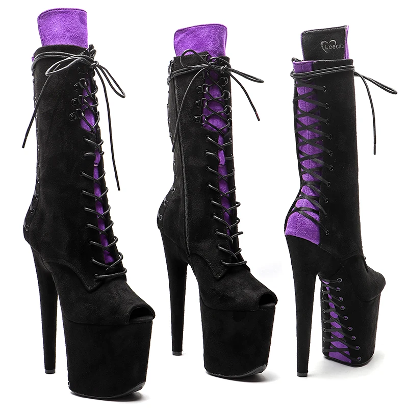 Leecabe 20CM/8inch Neuester Wildleder-Mix-Farbobermaterial-Stiefel mit Schnürung, hoher Absatz, Plateau-Absatz, Party-Stripper-Absatz, Pole-Dance-Stiefel