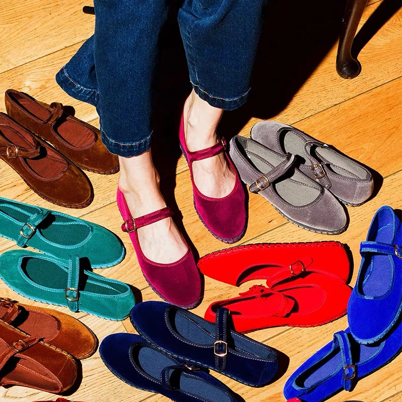 Einfarbige Samt-Mary-Jane-Schuhe für Damen, Frühling und Herbst, lässige Streetwear-Ballerinas mit Schnallenriemen, Damenschuhe, Schuhe