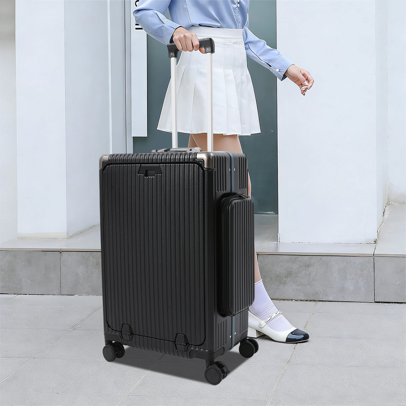 Valigia a tre aperture da 24 pollici, valigia multifunzionale con apertura frontale, valigia con porte USB e Type-C, valigia da viaggio con 4 ruote, valigia da viaggio con bagaglio a mano, PC di alta