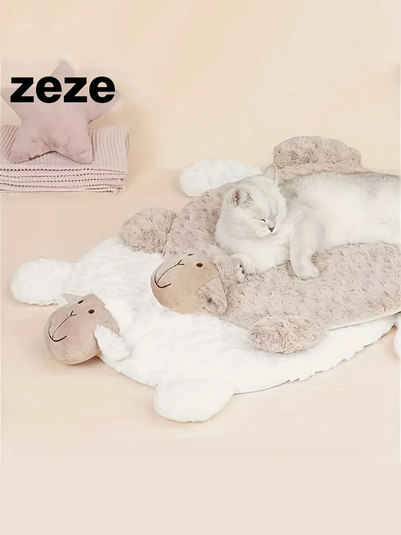 Schaf-förmige Haustierbetten für große, mittelgroße und kleine Hunde, weicher Plüsch, Hundematte zum Warmhalten und Schlafen mit Nackenkissen Image