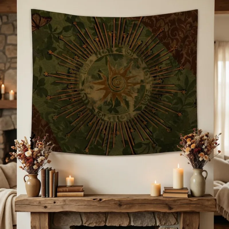 VIKAMA Vintage Boho Mandala Wandteppich aus Polyester, Retro Ethnischer Blumenteppich zur Raumdekoration Image